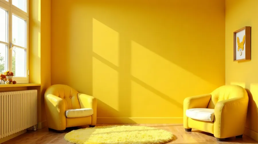Modern interior of cozy children room yellow color, playroom in house